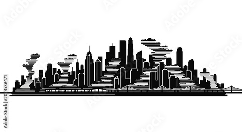 Detailed black and white silhouette illustration of a dense modern city skyline.