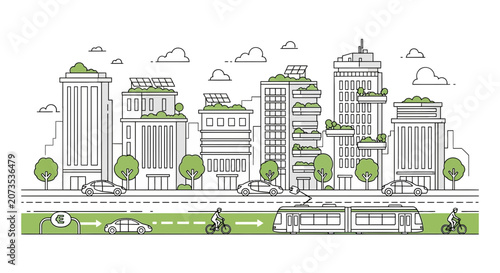 A stylized line art illustration of a modern eco friendly city street.