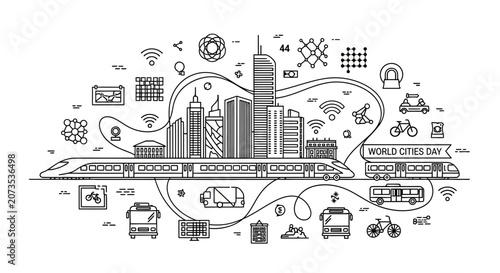 Line art illustration of a modern smart city with transportation and technology icons.