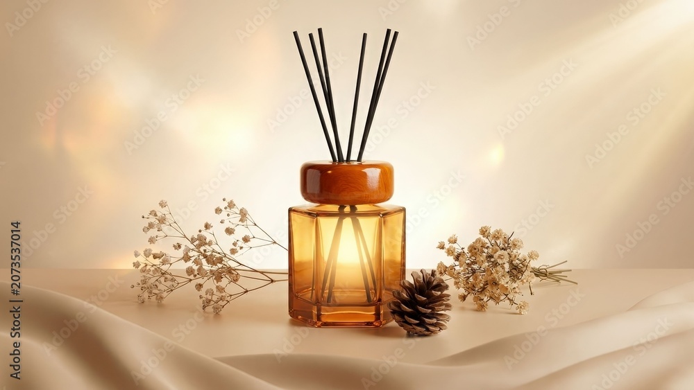 Fototapeta premium Reed diffuser with sticks and flowers on beige background