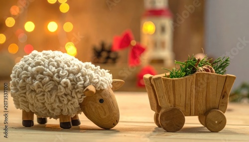 Charming Sheep Figurine with Festive Wooden Cart and Bokeh Lights.