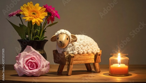 Charming Sheep Figurine with Flowers and Candlelight.
