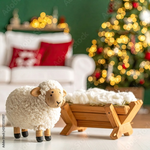 Christmas Nativity Scene Decoration with Sheep and Manger.