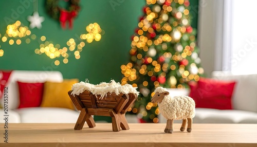 Christmas Nativity Scene with Lamb and Empty Manger.