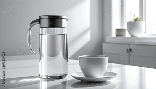 Clear Glass Pitcher Filled with Water Next to a Coffee Cup on a Table.
