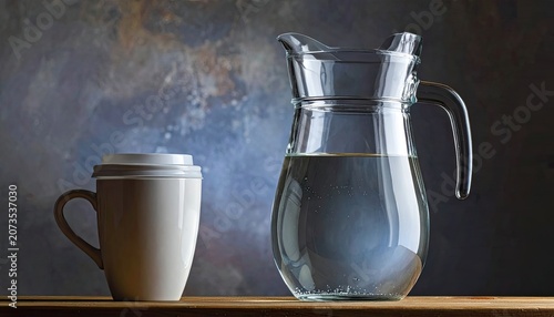 Clear Water in Glass Pitcher and Cup on Wooden Surface.