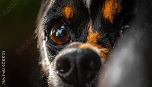 Close up portrait of a small black and tan dogs face with big expressive eyes.