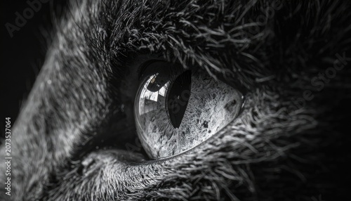 Close-up Black and White Macro Shot of a Cats Intense Eye.