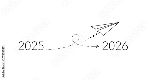 A hand drawn paper airplane flying from the year 2025 to 2026.