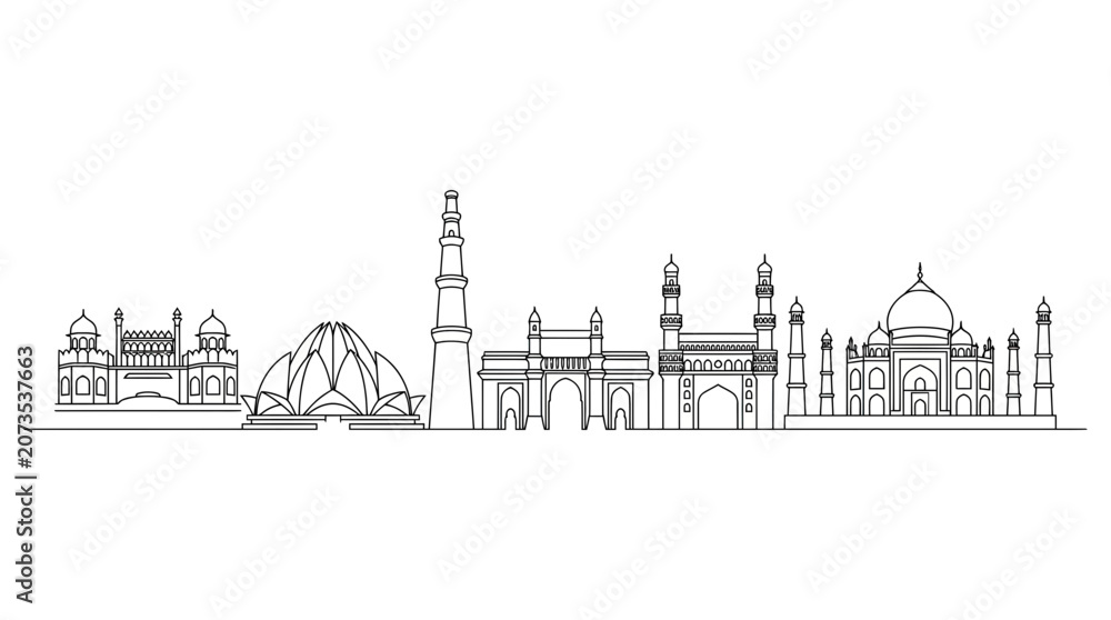 Obraz premium India City Skyline Silhouette - Iconic Landmarks Outline Vector