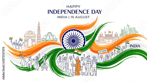 Foto Happy Independence Day India Celebration, Indian Flag Colors, Famous Landmarks,