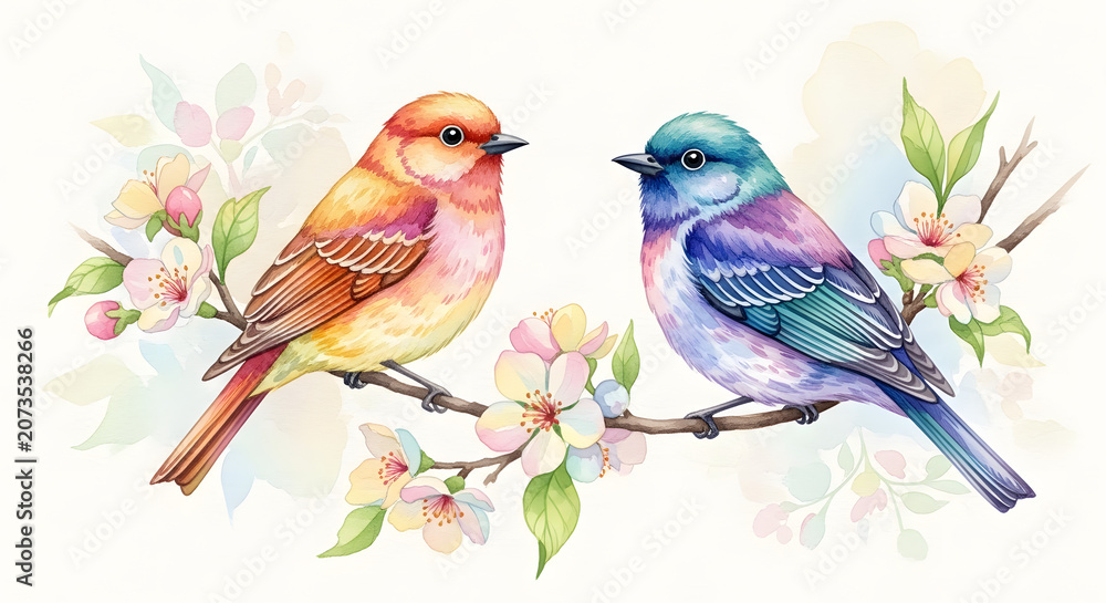 Obraz premium Two Colorful Songbirds Perched on Blooming Cherry Branch Watercolor Illustration