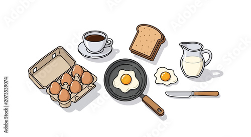 Hand drawn illustration of a breakfast set with eggs coffee bread and milk.
