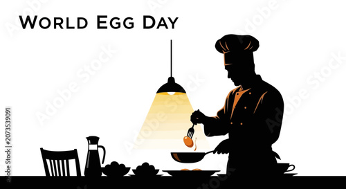 A silhouette of a professional chef cooking eggs in a kitchen setting for World Egg Day.