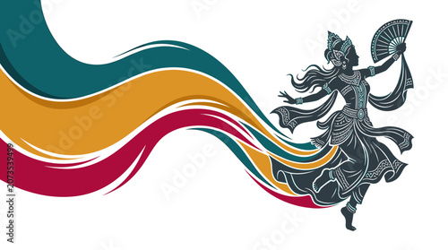 Vászonkép Indian Dancer Silhouette with Flowing Fabric and Fan