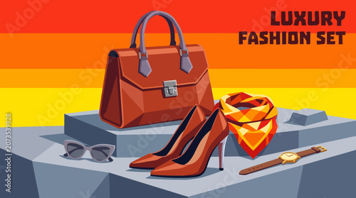 Elegant women's genuine leather handbag and high heel shoes set with luxury fashion accessories isolated vector illustration