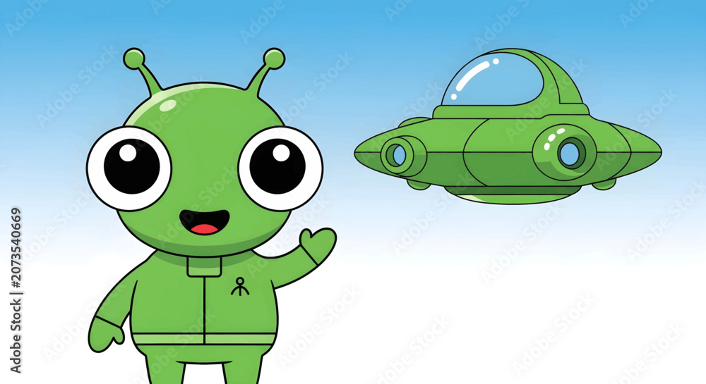 Obraz premium Cartoon alien character with spaceship.