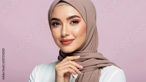 Beautiful Muslim Woman Smiling: A young, beautiful Muslim woman wearing a beige hijab and a white shirt smiles gently, with a soft pink background. Her makeup is subtle and elegant.