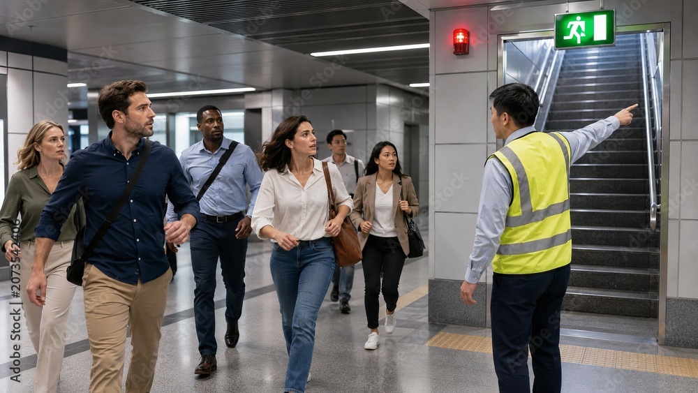 Fototapeta premium Security guard directing office workers to emergency exit during building evacuation. People rushing toward safety staircase following instructions of safety marshal in office building