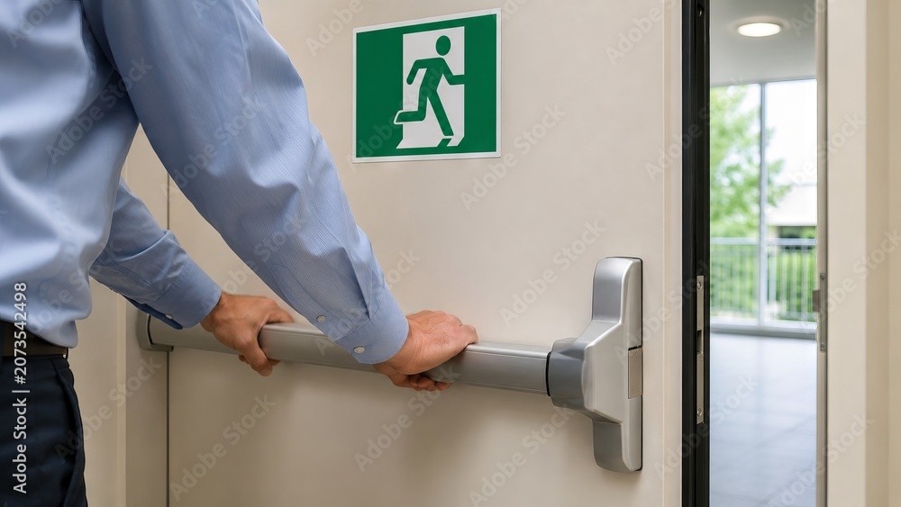 Fototapeta premium Man opening emergency exit door with panic bar in office building. Sign indicating evacuation route for fire safety and industrial compliance. Concept of escape in workplace emergency situation