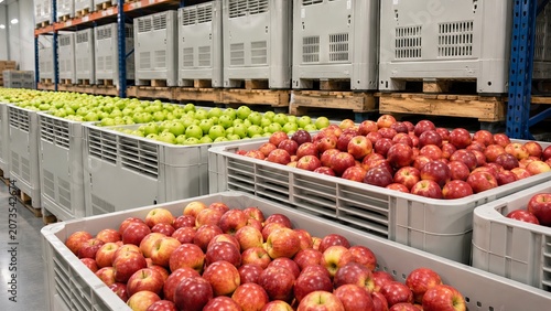 Fresh red and green apple harvest stored in large plastic crates inside industrial warehouse. Agricultural supply chain logistics and food production facility for wholesale distribution