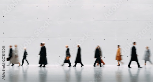A blurred line of people walks past a modern, white textured wall, creating a sense of motion and anonymity.
