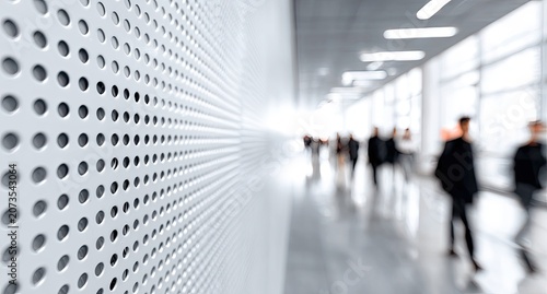 A modern, brightly lit interior hallway features a perforated wall and blurred figures walking in the distance, creating a sense of movement and spaciousness.