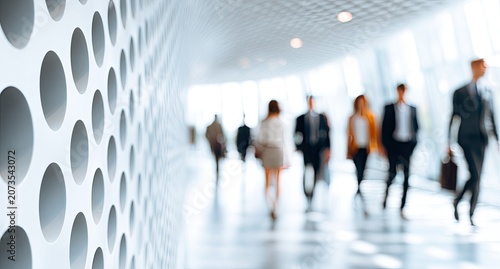 A blurred perspective captures a modern interior hallway with a textured wall and a group of professionals walking purposefully towards a bright, undefined destination.