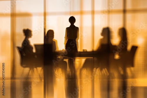 A blurred image depicts a business meeting through a glass partition, creating a sense of distance and abstraction.