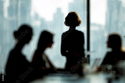 Silhouetted figures are seen in a blurred business meeting against a city skyline backdrop.