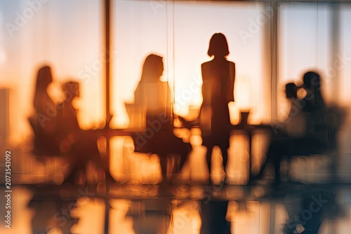 A blurred image depicts silhouetted figures engaged in a meeting or discussion near a window.