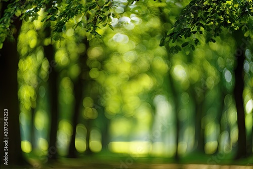 A soft, blurred photograph captures the serene beauty of a sun-dappled forest, with vibrant green hues and a gentle bokeh effect creating a tranquil atmosphere.