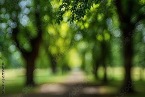 A blurred, dreamy view of a park pathway framed by lush green trees and bokeh.