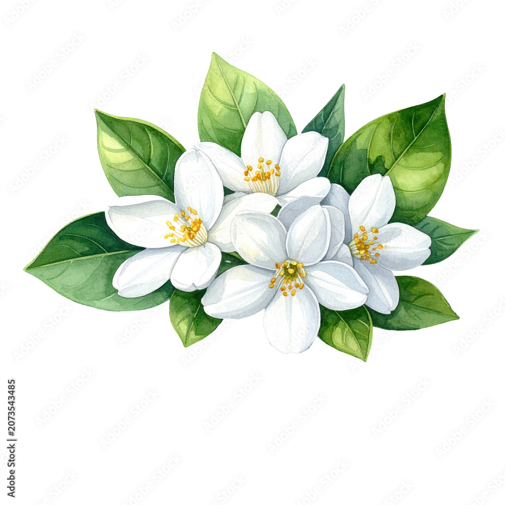 Naklejka premium Watercolor depiction of delicate white flowers with yellow centers, surrounded by vibrant green leaves