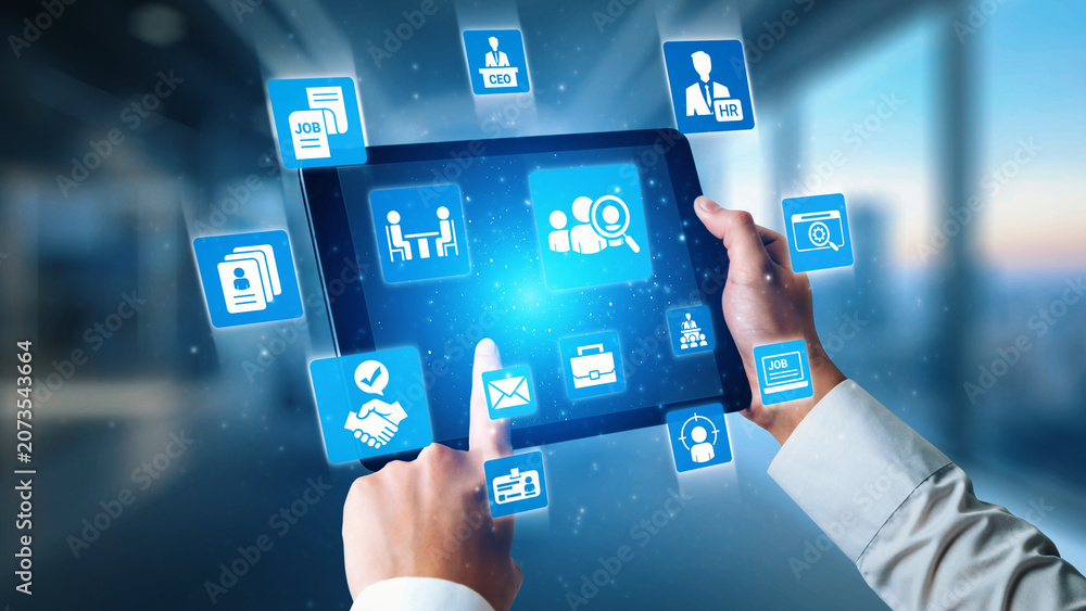 Obraz premium Job search icons show recruitment, HR management, and employee career growth. Job search helps organizations hire talent, job search supports skills, and job search improves workforce. Gist