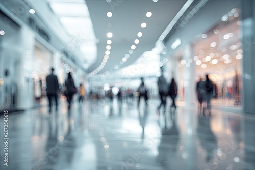 A blurred perspective captures the bustling atmosphere of a modern shopping mall, filled with people and illuminated by decorative lights.