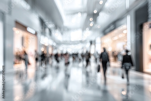 A blurred, modern interior scene depicts a bustling shopping mall with indistinct figures moving through the space, creating a sense of activity and commercial vibrancy.