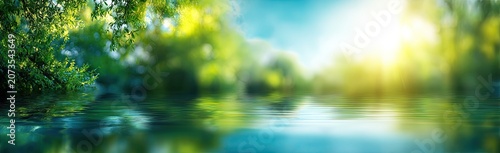 A serene panoramic view showcases a tranquil lake reflecting lush greenery and vibrant sunlight filtering through the trees, creating a peaceful and idyllic natural scene.