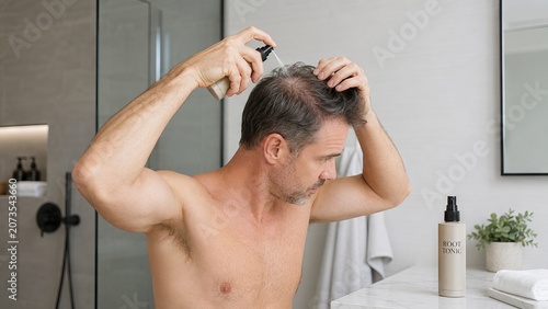 Man applying hair growth tonic spray on his scalp in bathroom. Treatment for hair thinning and loss. Maintenance of hair health and beauty routine for men. Skin and hair care concept