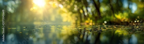 A serene panoramic view captures a tranquil pond reflecting sunlight filtering through a lush, green forest, creating a peaceful and ethereal atmosphere.