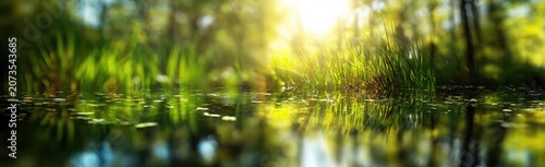 Sunlight filters through lush greenery, illuminating a tranquil pond with reflections of vibrant foliage and creating a serene and picturesque natural scene.