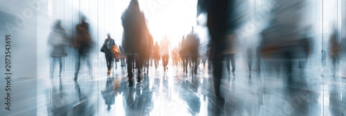 A blurred, long-exposure shot captures a stream of people moving purposefully through a brightly lit, modern hallway, creating a sense of motion and anonymity.