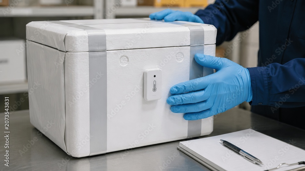 Fototapeta premium Logistics worker preparing temperature controlled shipping box with digital sensor for cold chain distribution. Smart packaging technology for secure pharmaceutical or food delivery