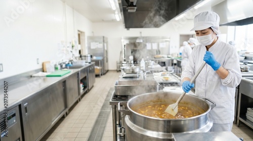 学校給食を調理する白衣の調理員（厨房・衛生管理）
