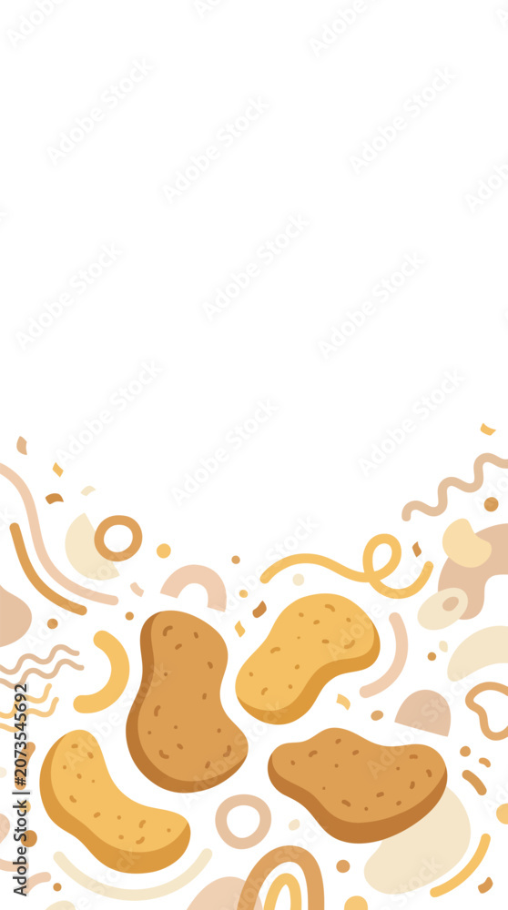 Fototapeta premium Minimalist golden chicken nugget doodle with earthy abstract shapes and white vertical copy space