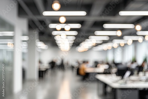 A blurred view showcases a modern office space with indistinct figures and bright overhead lighting.