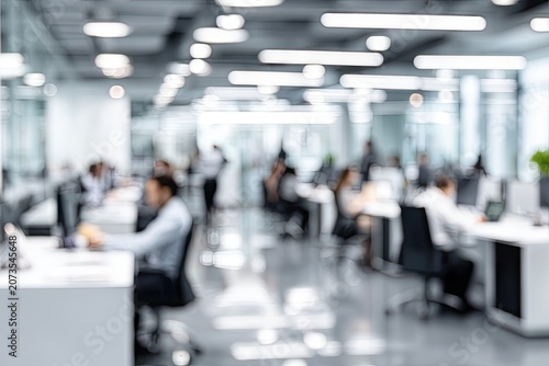 A blurred view of a modern, open-plan office space filled with numerous employees working at their desks, showcasing a bustling and collaborative work environment.
