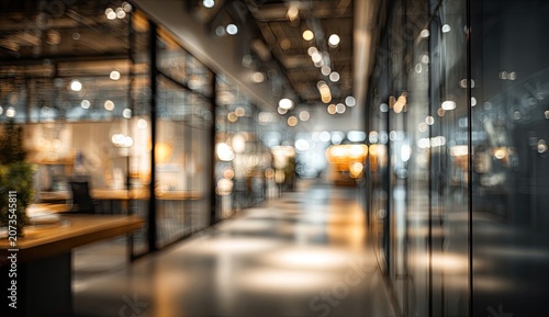 A blurred view down a modern office corridor with bokeh lights creates an atmospheric perspective.