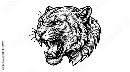 Photography Fierce Tiger Head Roaring, Vintage Engraving Style, Black and White