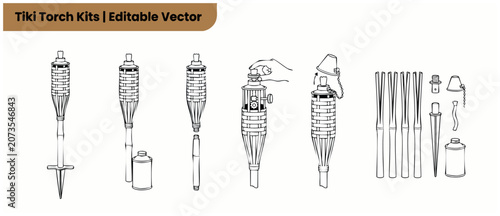 Schilderij op canvas Tiki torch kit vector illustration showing assembly garden lighting setup